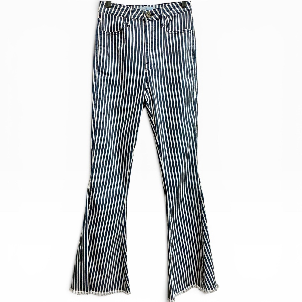 Show Me Your Mumu Berkeley Bell Bottom Jeans Blue White Stripe High Rise XS 25 - Picture 3 of 9